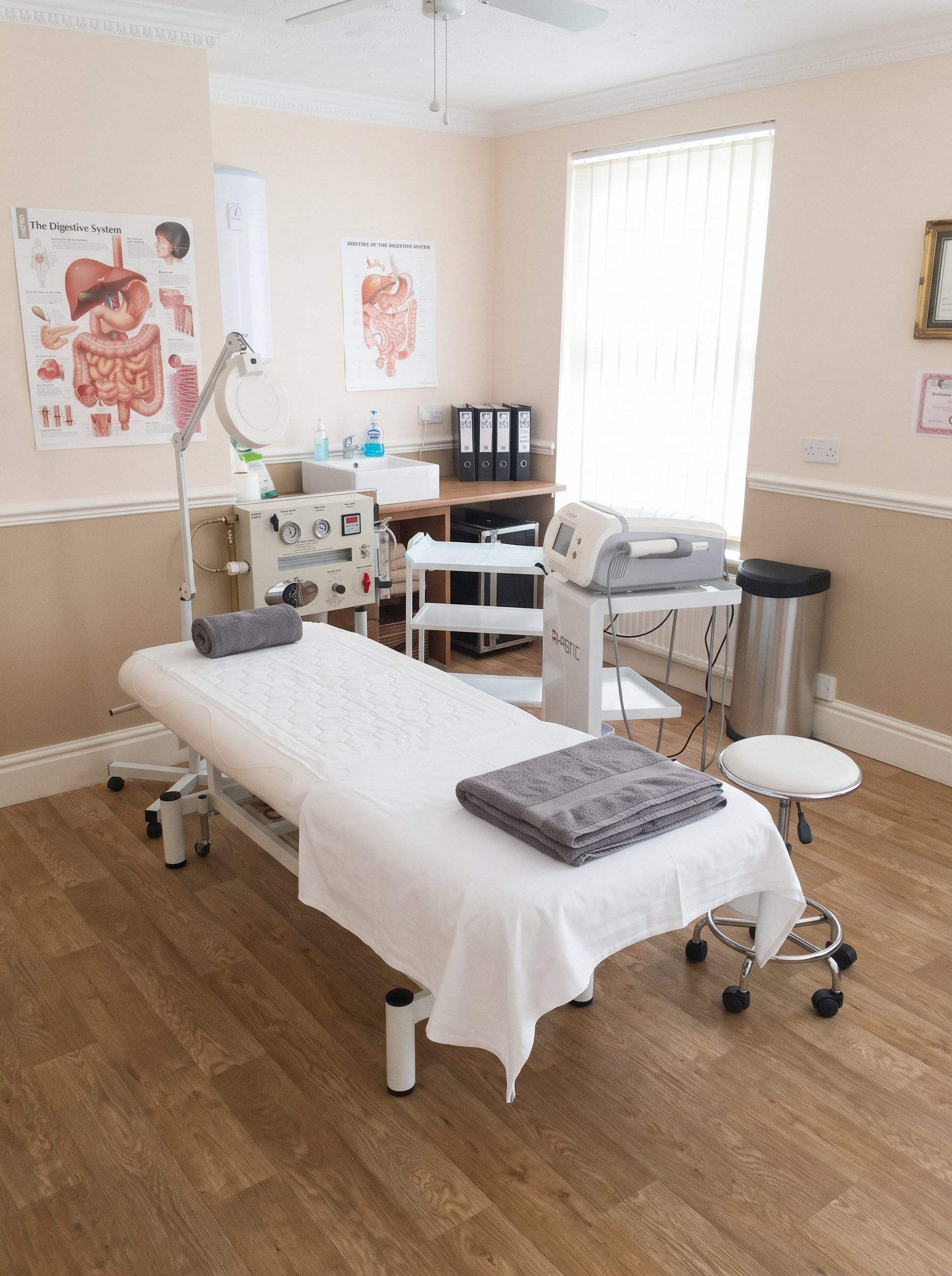 Rose-ann's private treatment room at Redmayne Lodge with couch, fresh towels and HIFU equipment